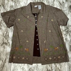 Button Down Two In One Shirt Embroidered Monkeys Fun Kitschy 90s Cottagecore Vtg